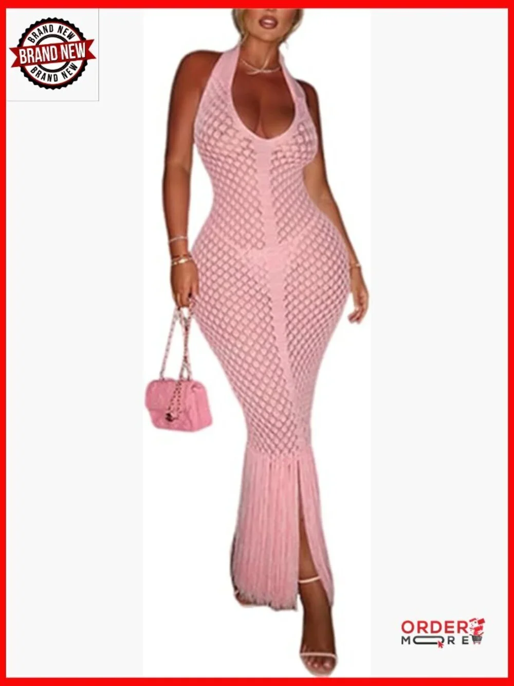 Crochet Bodycon Maxi Dress Halter Backless Knit Fringe Party Club Long Beach